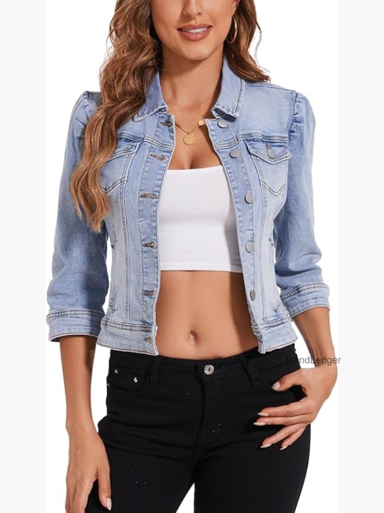 Cropped Denim Jacket Stretchy Puff Sleeve Distressed Pockets